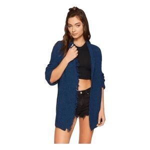 Free People I'll Be Around Cardigan Sweater Blue Silk Fringe Trim Open Front XS